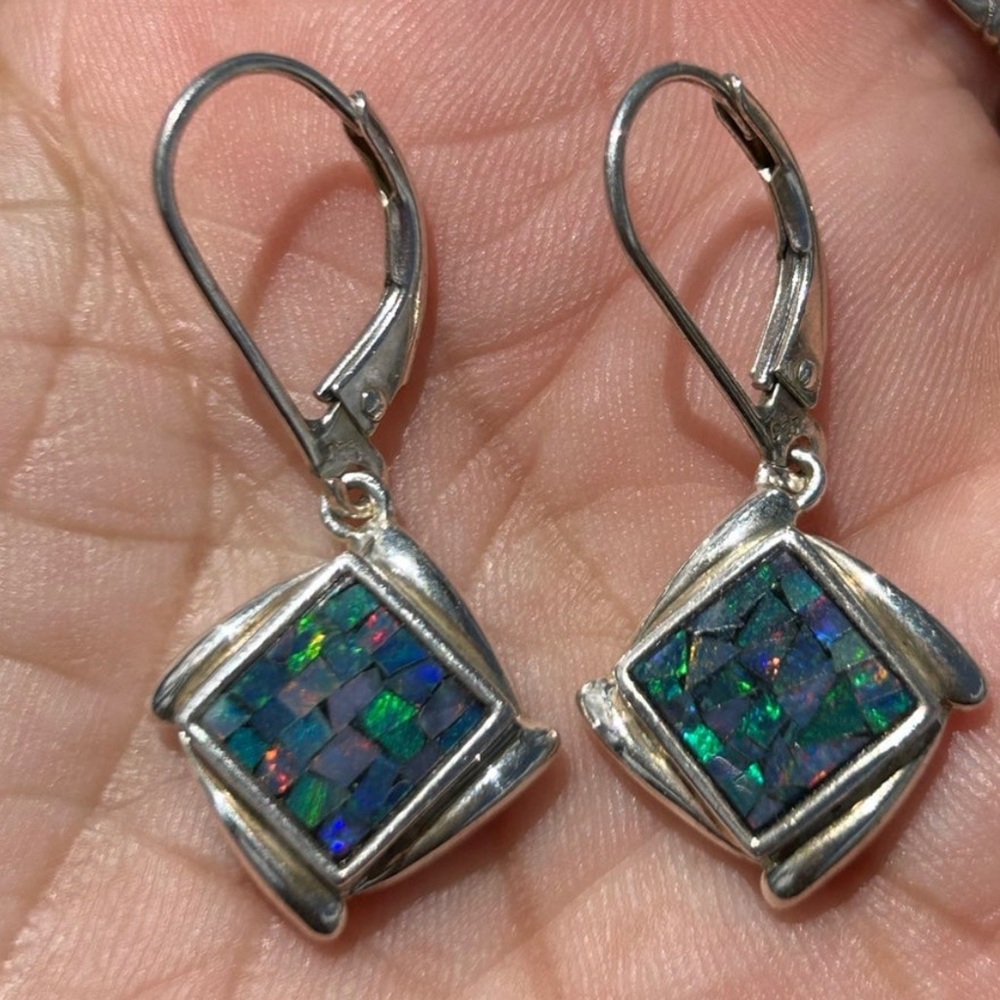 Vintage sterling silver Whitney Kelly Opal Mosaic square drop earrings - Picture 9 of 13